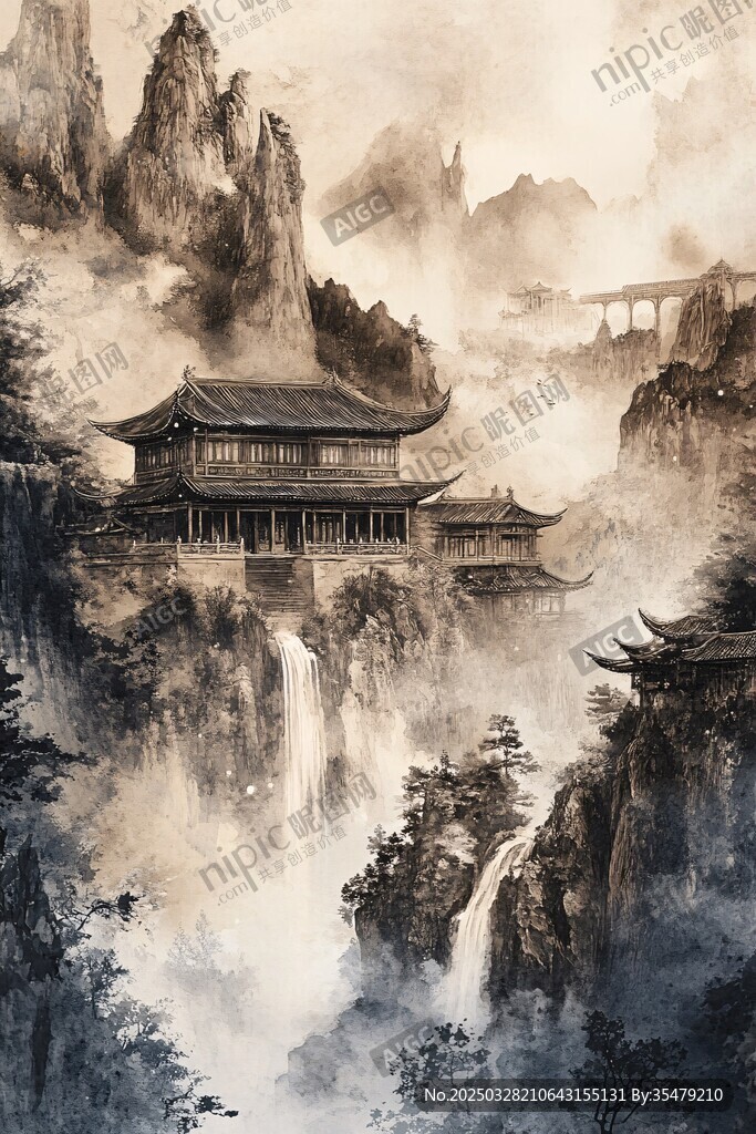水墨山水间的古韵楼阁