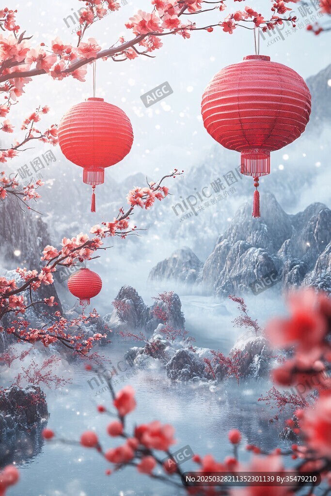 红梅灯笼映山水意境美