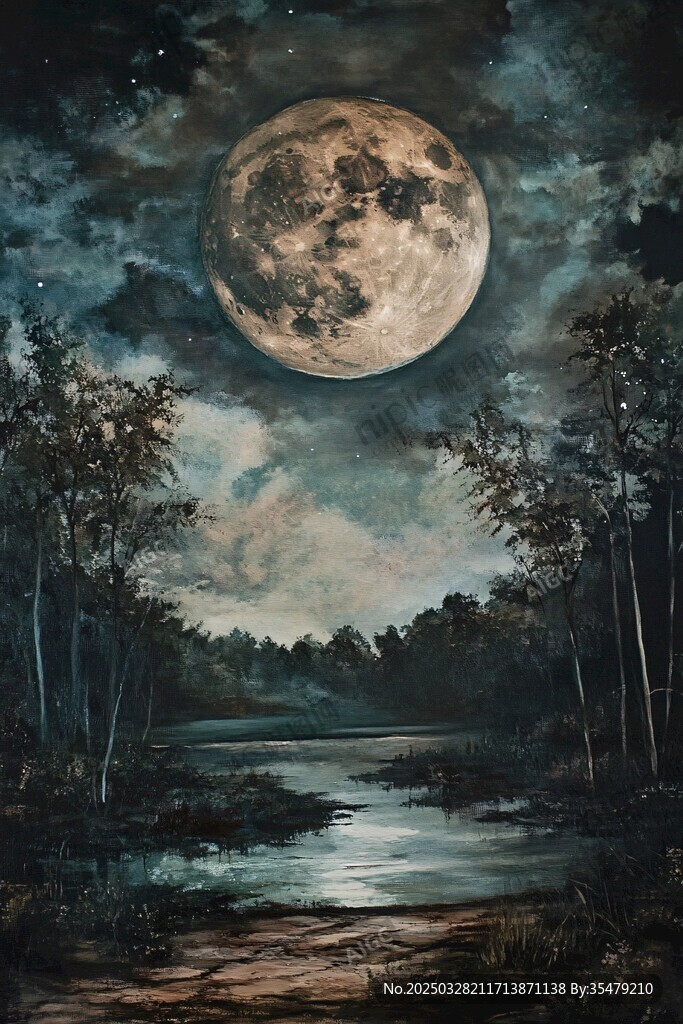 月夜森林河畔梦幻景象