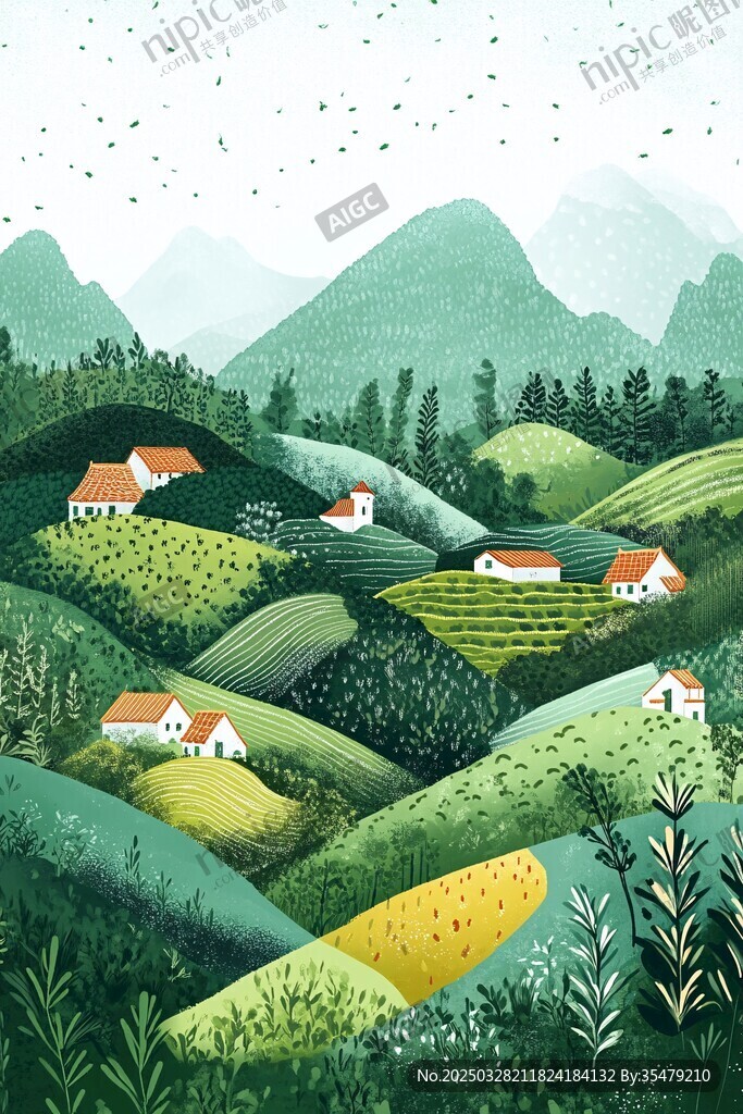 乡村田园风光手绘插画