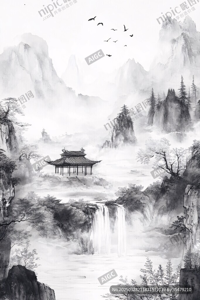水墨山水间的静谧亭阁