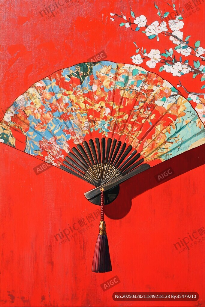 古风折扇倚于红墙花枝旁