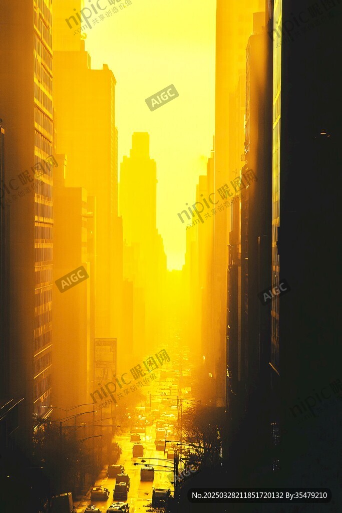 金色晨光下的繁华都市街景