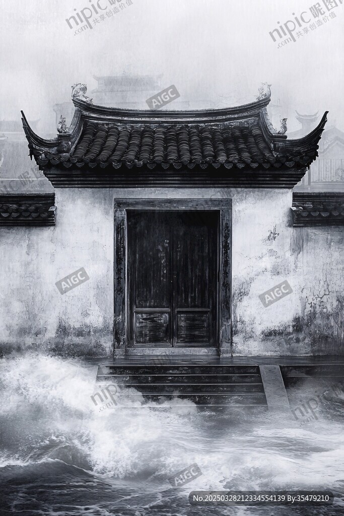 水墨中式建筑与汹涌潮水