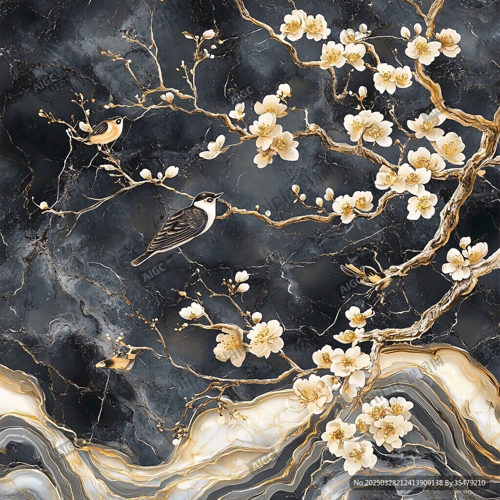 花鸟大理石纹中式装饰画