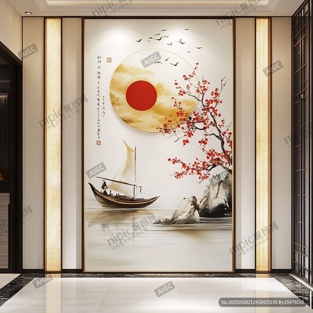 中式玄关红日帆船装饰画