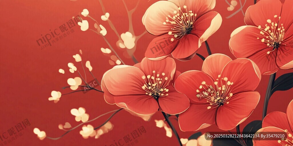 红底绽放的娇艳花卉