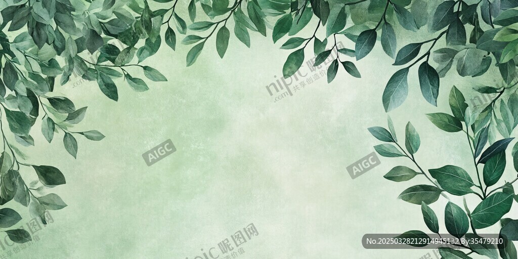 清新绿叶水彩背景图