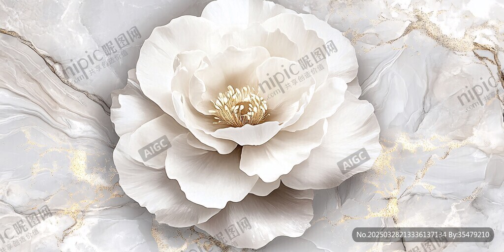 白色牡丹绽放于大理石背景