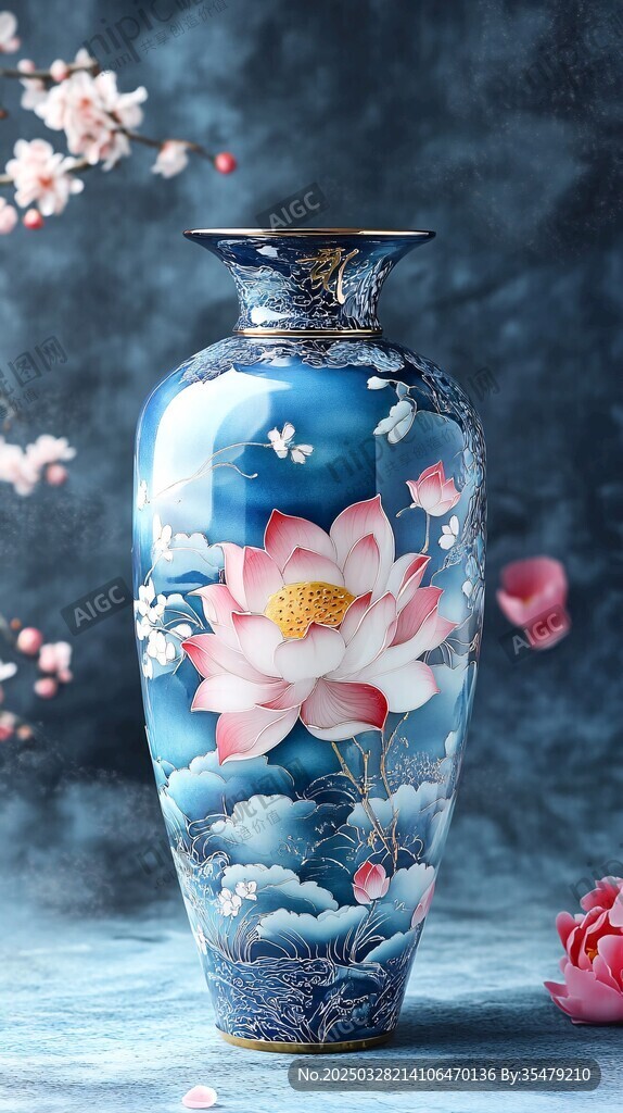 青花荷花纹精美陶瓷花瓶