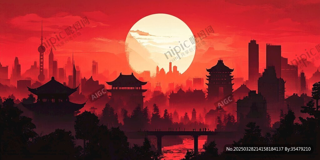 红日下的古今交融城市景观