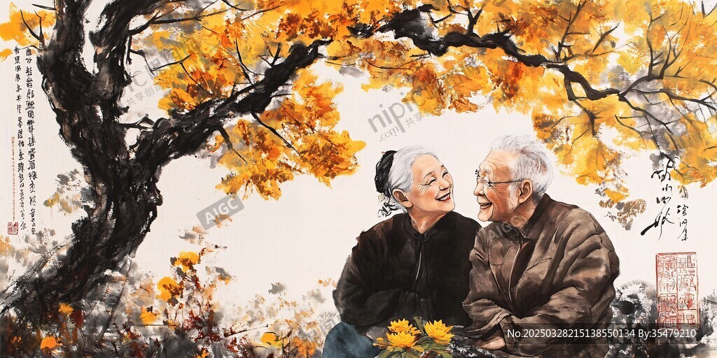 金秋相伴的老夫妻