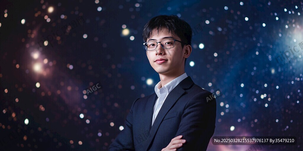 商务男士置身梦幻星空背景
