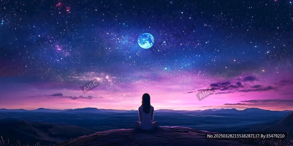 女孩独坐赏梦幻星空月色