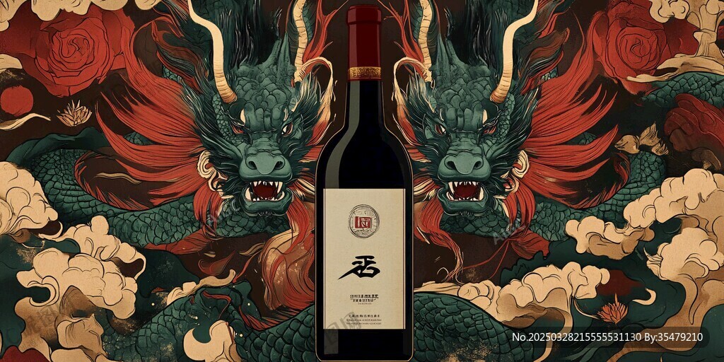 龙纹背景下的高端红酒