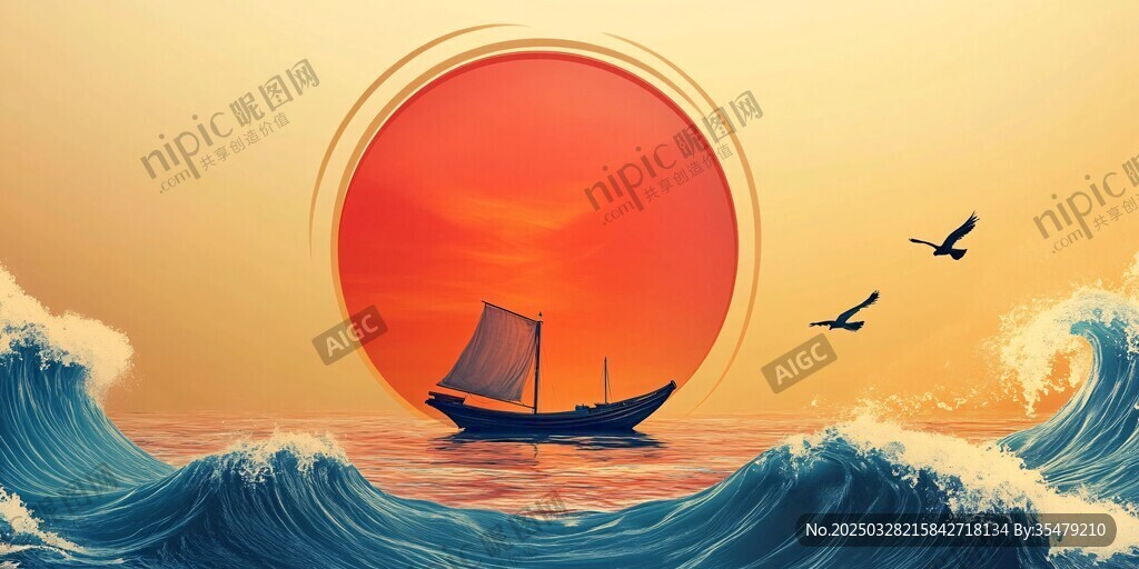 夕阳下的孤舟与海浪飞鸟