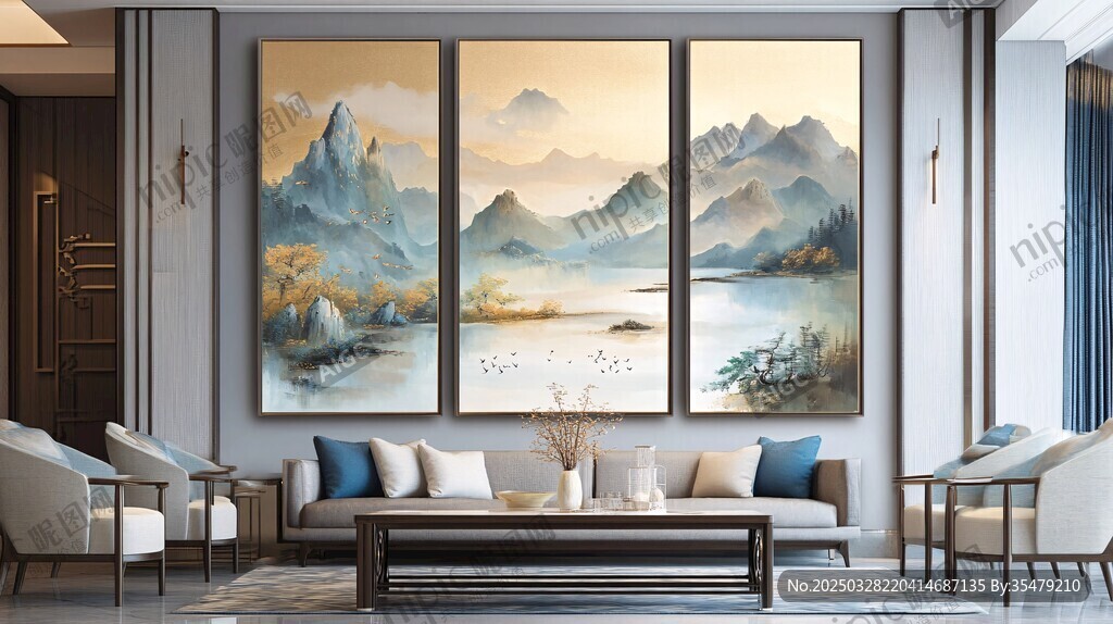 新中式客厅山水挂画装饰