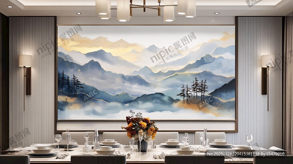 中式餐厅山水壁画装饰景
