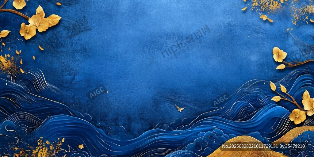蓝金中式风海浪花卉背景图