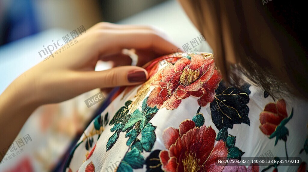 女子专注刺绣花卉服饰