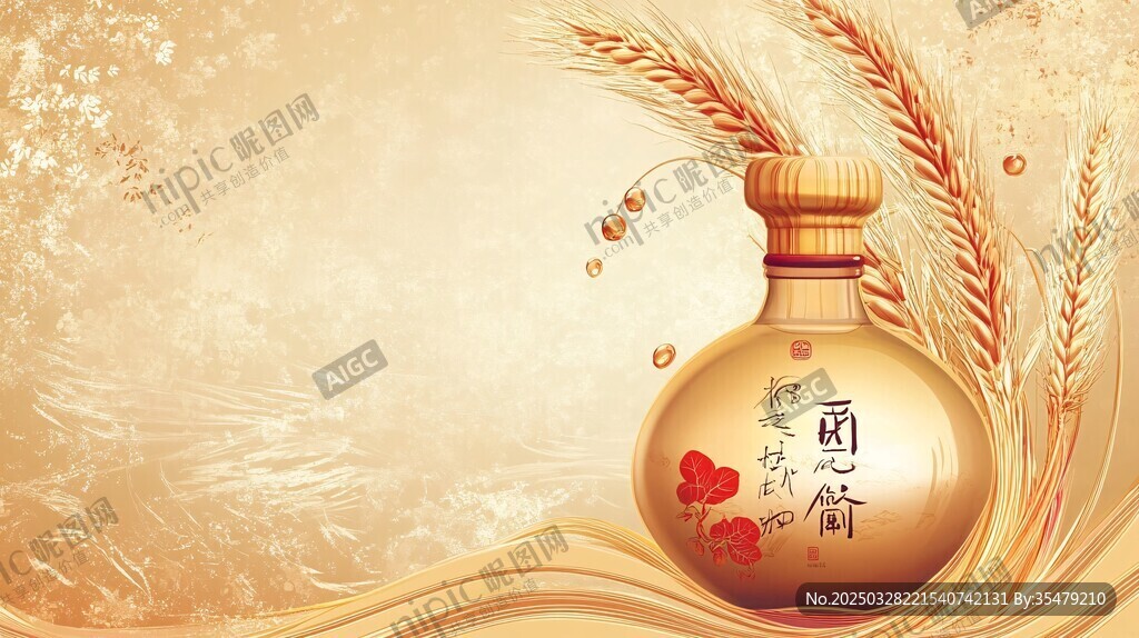 复古风白酒瓶与麦穗背景