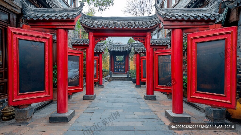中式庭院红屏古建筑景观