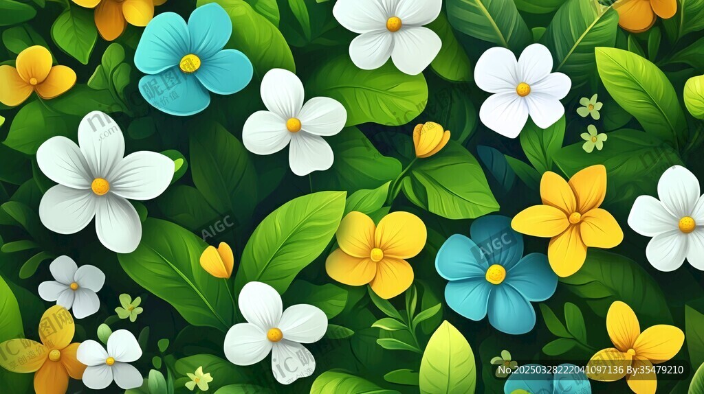 多彩花卉与绿叶的梦幻组合