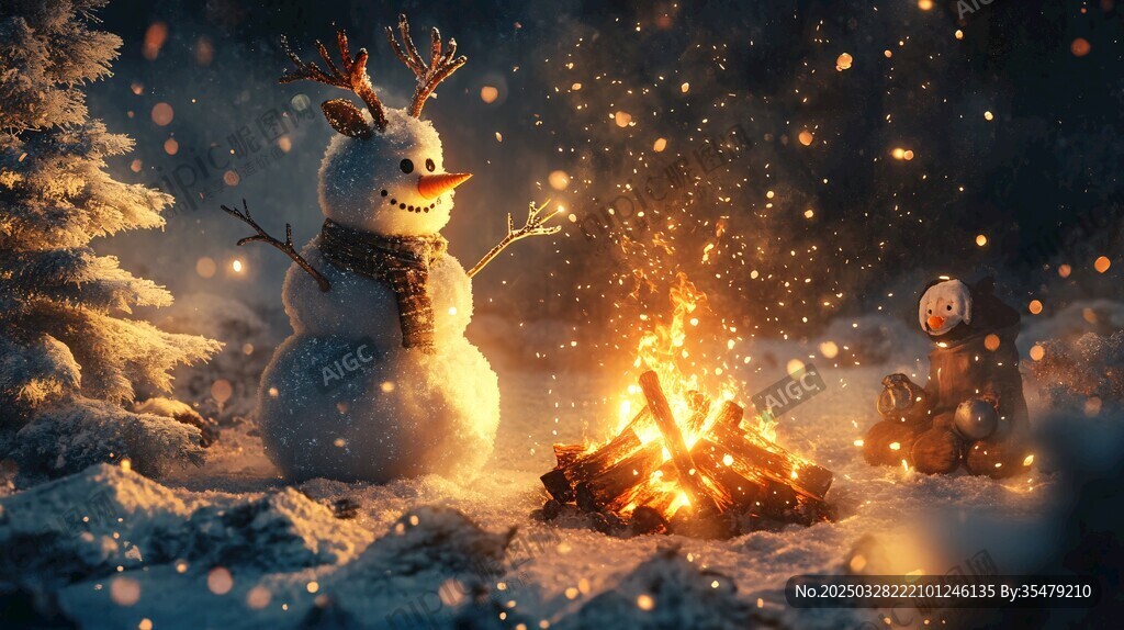 雪夜篝火旁的欢乐雪人