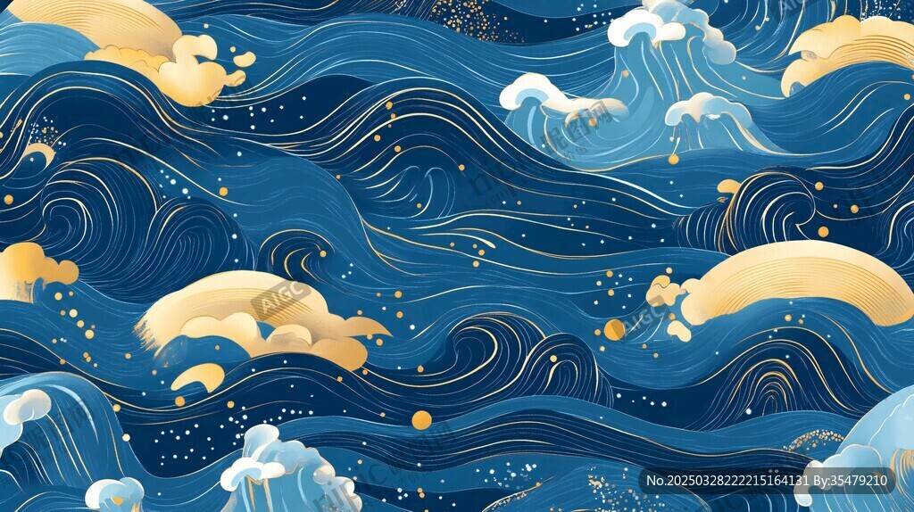 梦幻蓝色海洋波浪插画