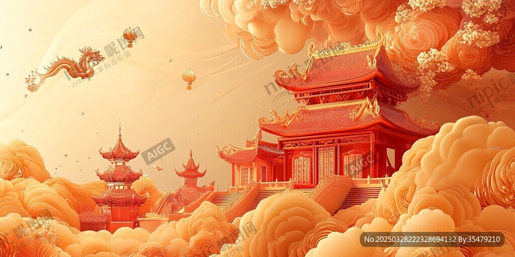 梦幻中式云海中的古典建筑