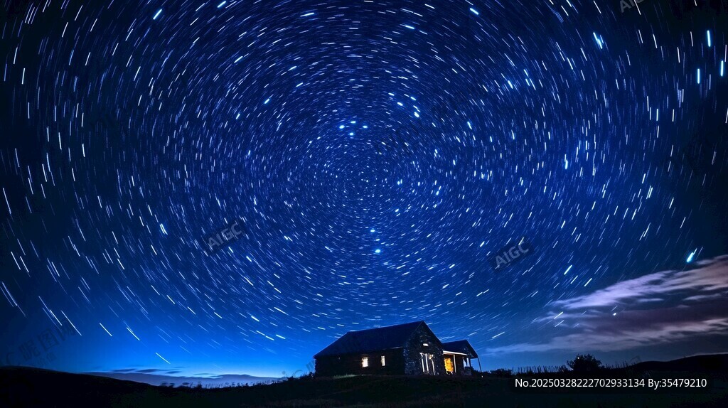 夜空下的小屋与星轨奇观