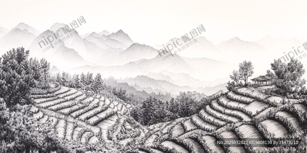 水墨梯田映远山
