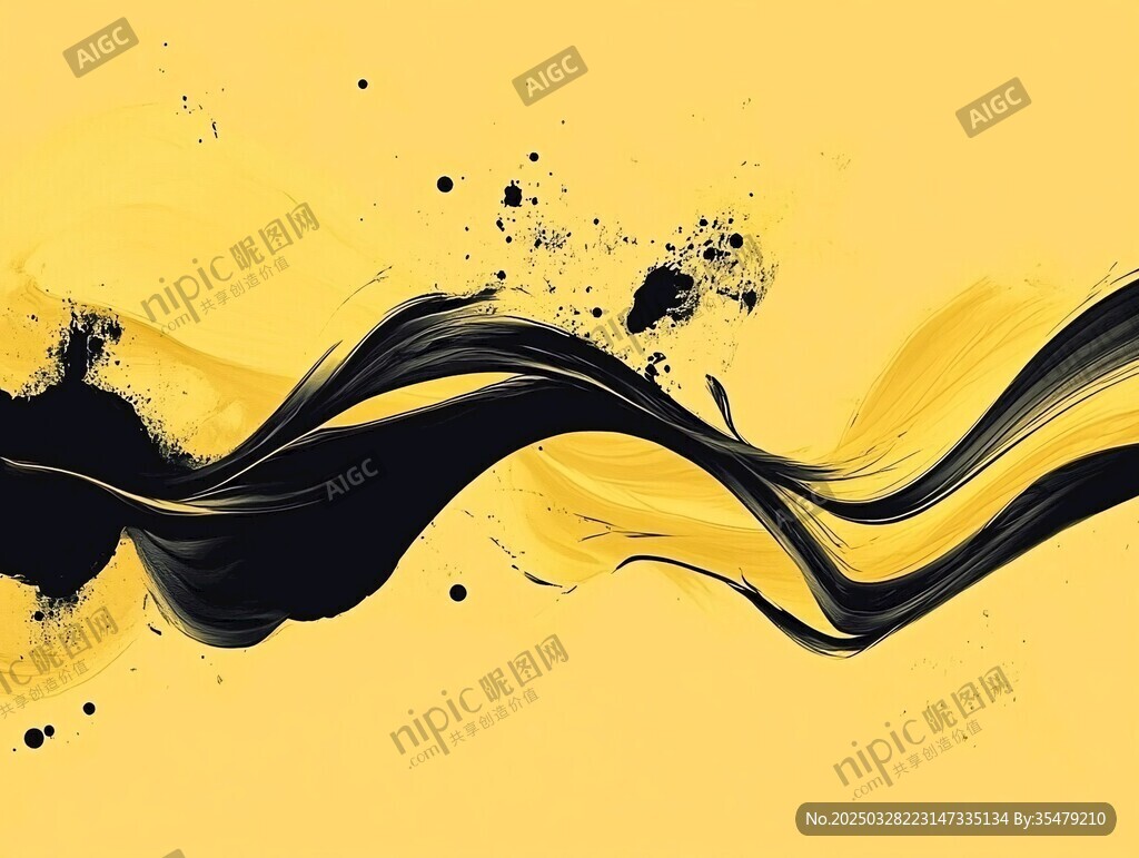 黄底黑墨流动艺术画面
