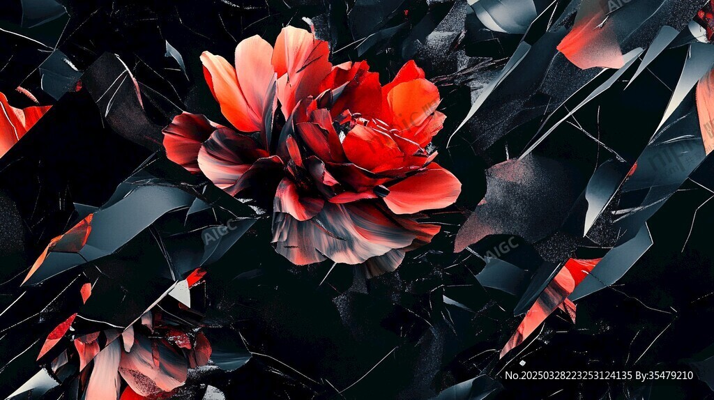黑底红花朵的破碎艺术画面