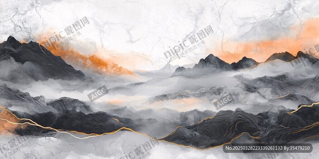 水墨金纹山川云雾图