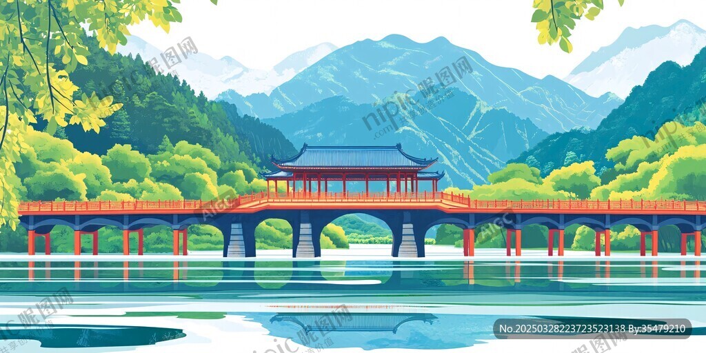 中式山水间的古风廊桥