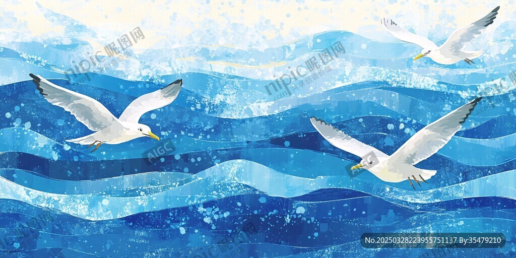 海天一色间海鸥翱翔