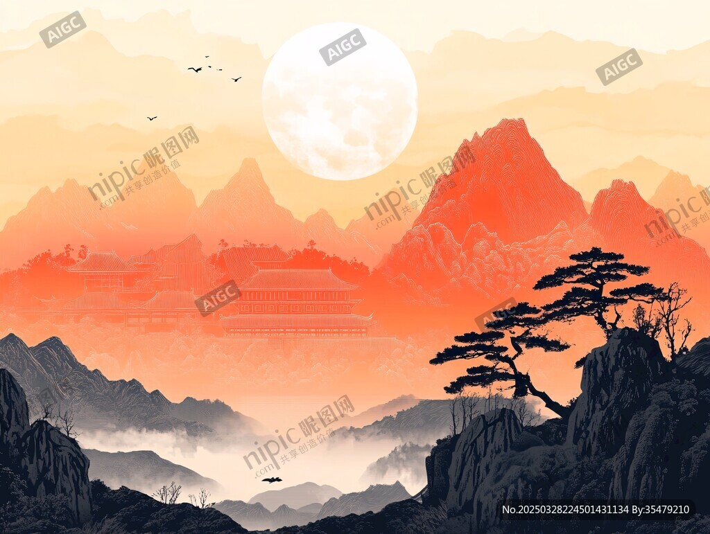 夕阳下的壮美山川景观