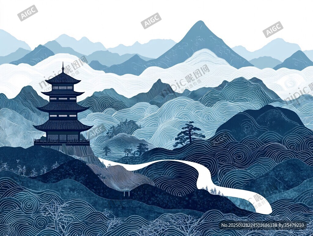 水墨山水间的古韵楼阁