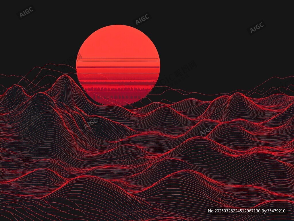 红色落日下的抽象波浪景观