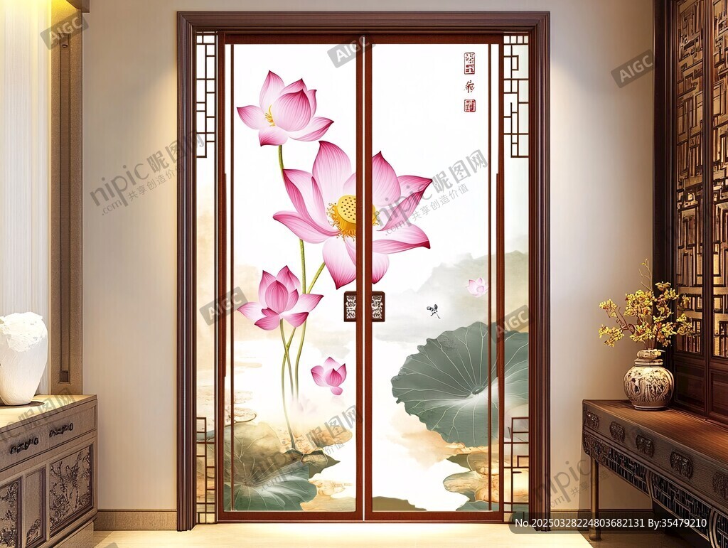 中式荷花双开艺术玻璃门