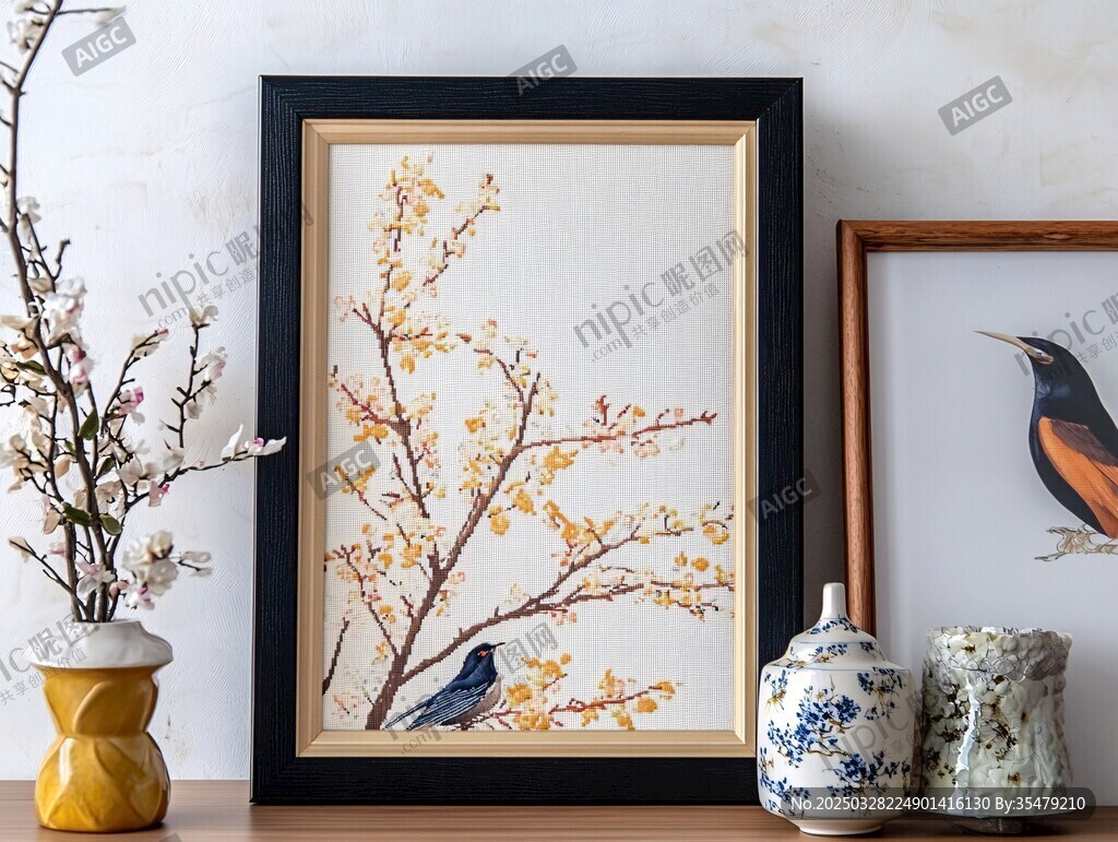 中式花鸟挂画与雅致摆件