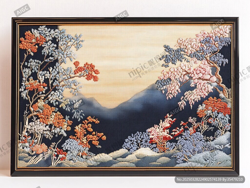 中式山水花鸟刺绣画