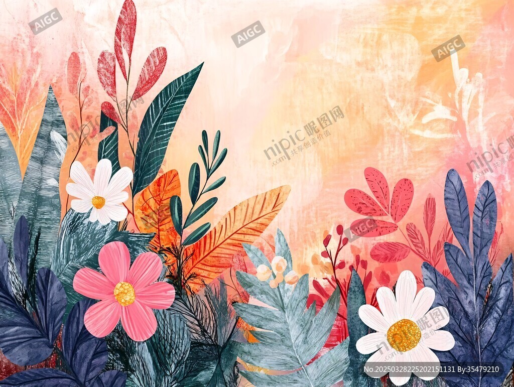 缤纷花卉植物梦幻插画