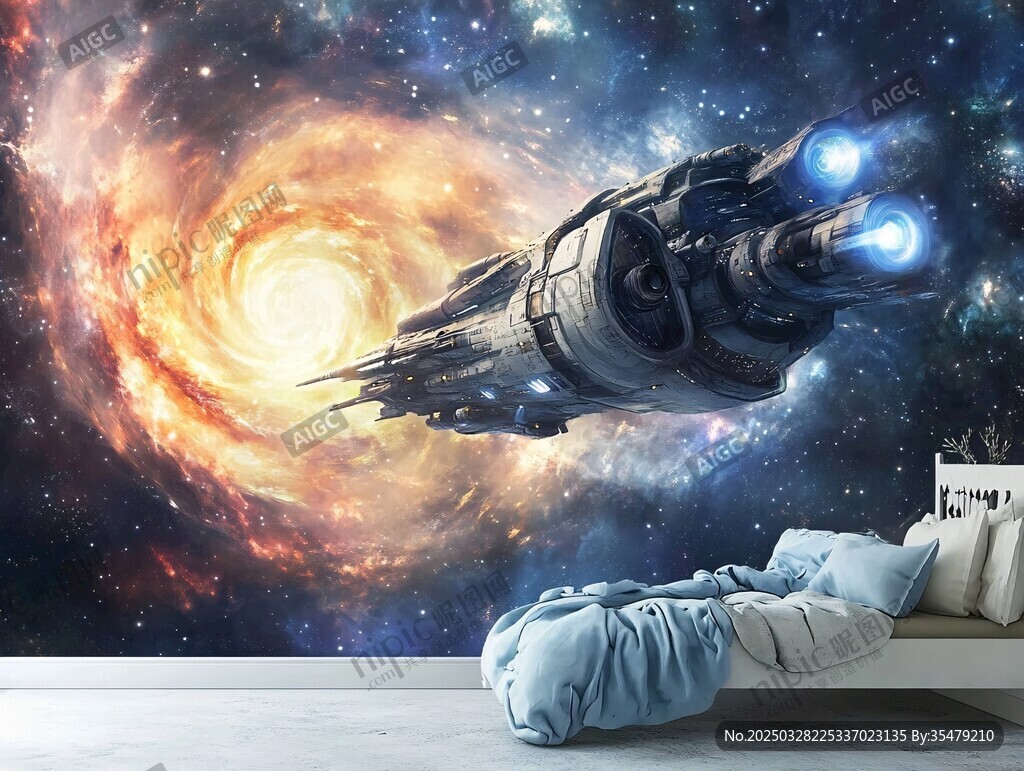 科幻宇宙飞船卧室背景墙
