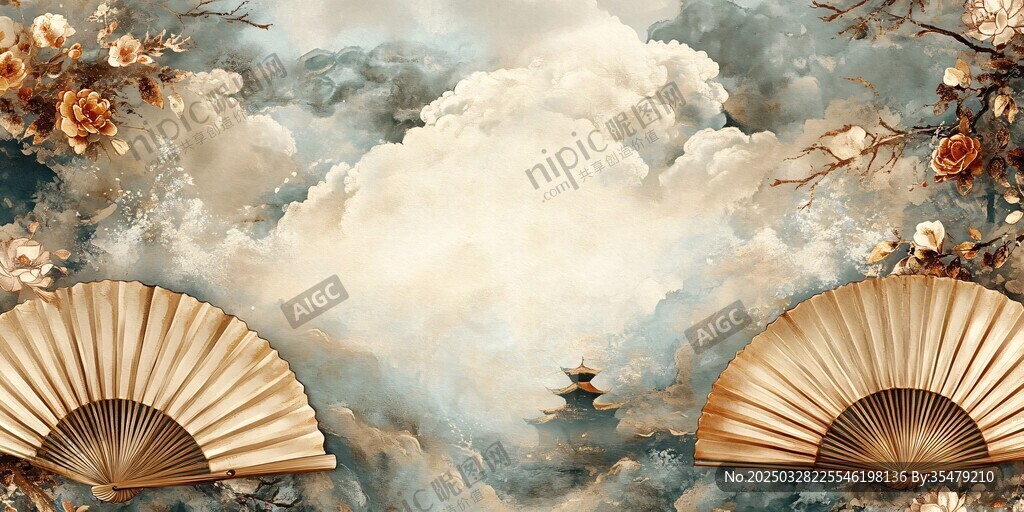 古典折扇与云间楼阁图景