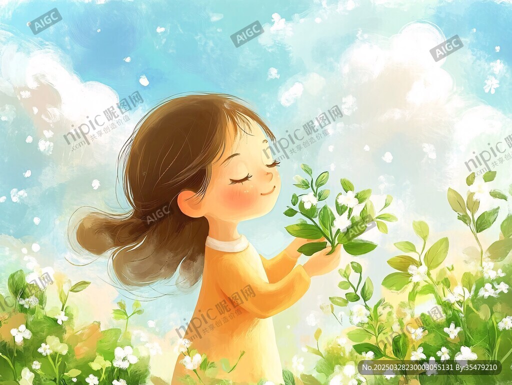 女孩闻花享美好春日时光