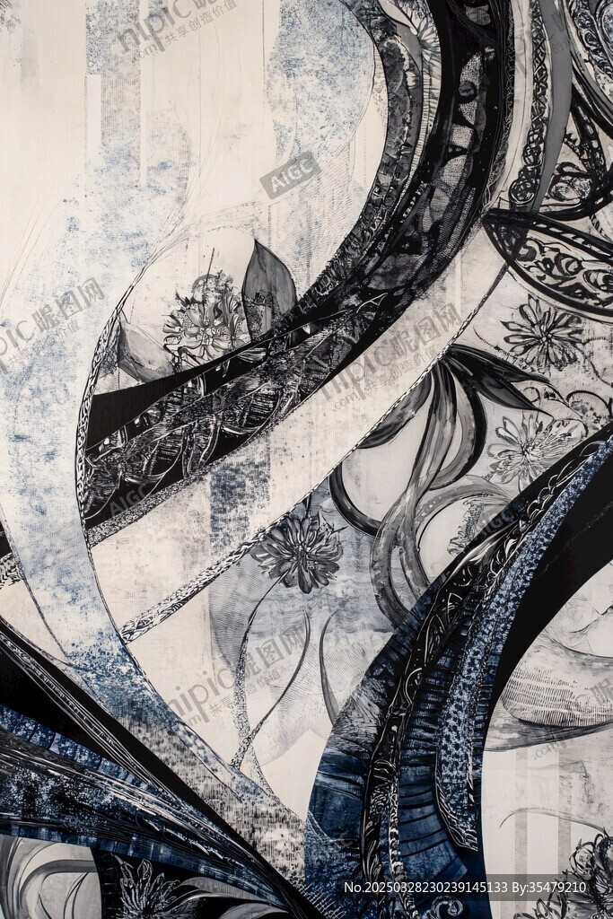 抽象黑白花卉线条艺术画