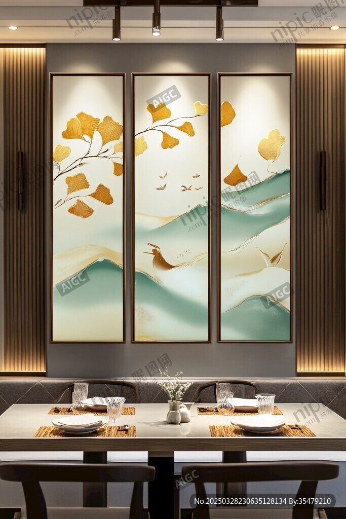 新中式银杏山水餐厅装饰画