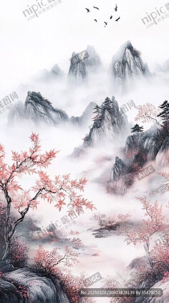 水墨山水间的烂漫春色